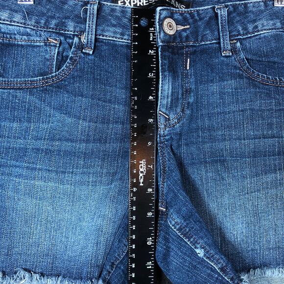 Express Womens Shorts Blue Denim Mid Rise Cotton Blend Cut Off Stretch 8 - Picture 7 of 11